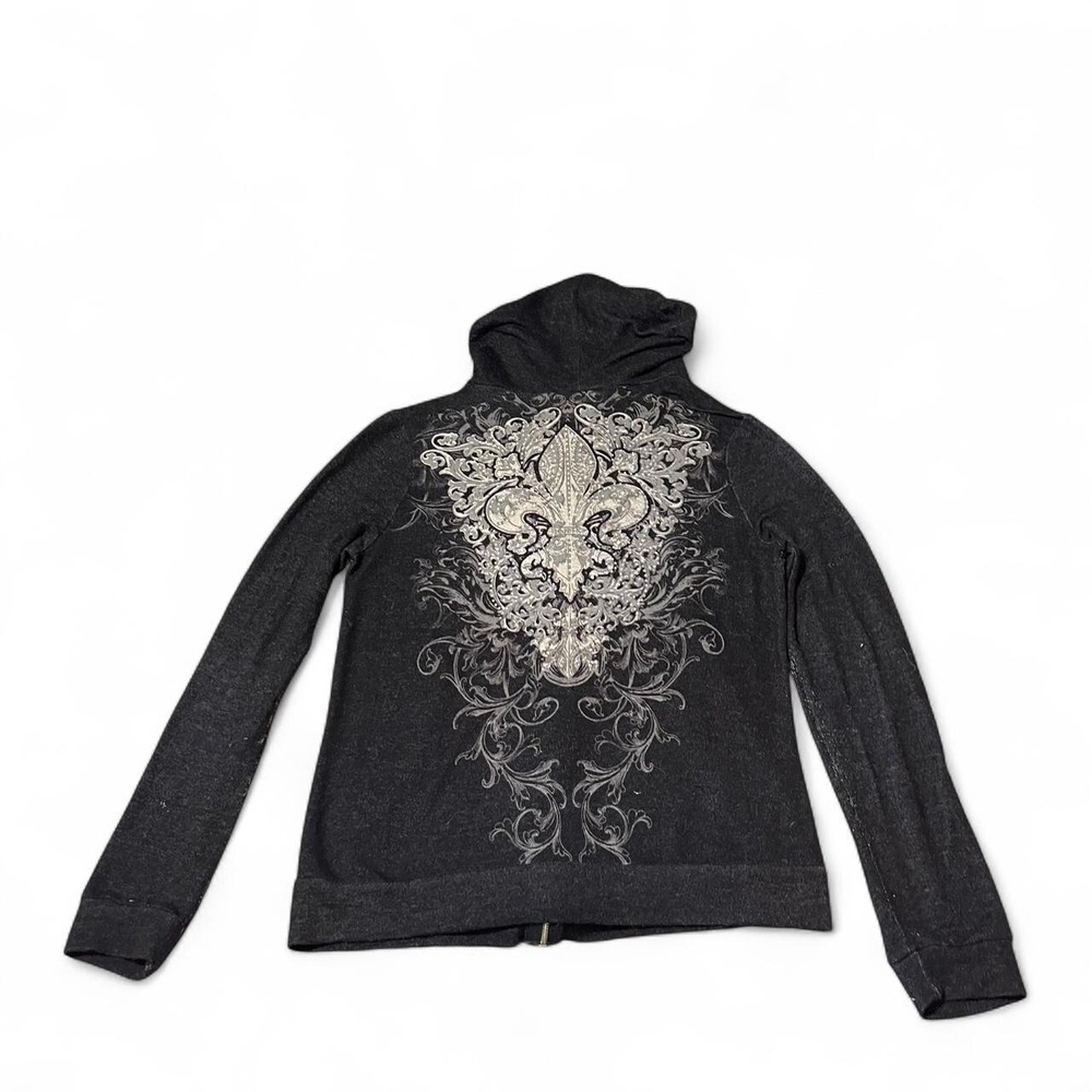 y2k style black & grey zip up hoodie with bedazzled fleur de lis design